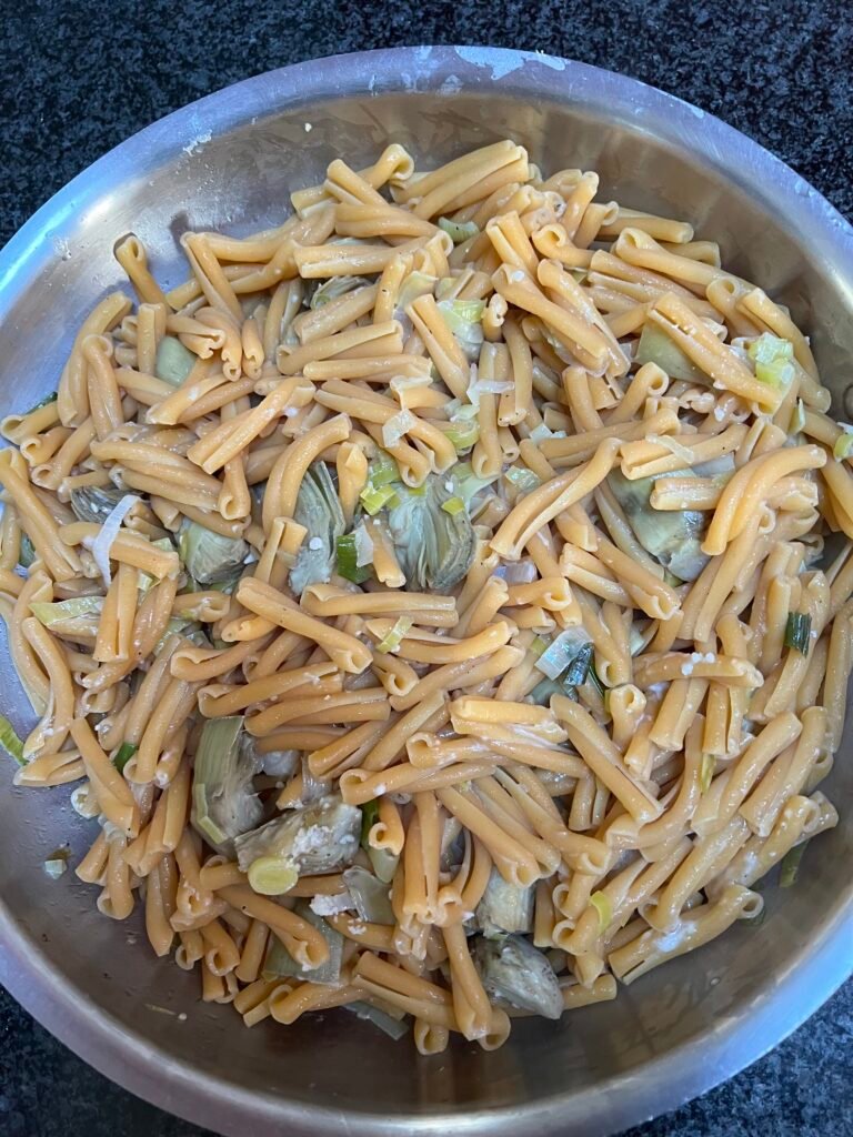 Yellow Pea Pasta with Artichoke, Garlic and Onion