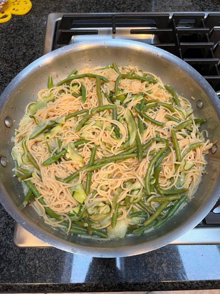 Yellow Pea Spaghetti with String Beans and Zucchini